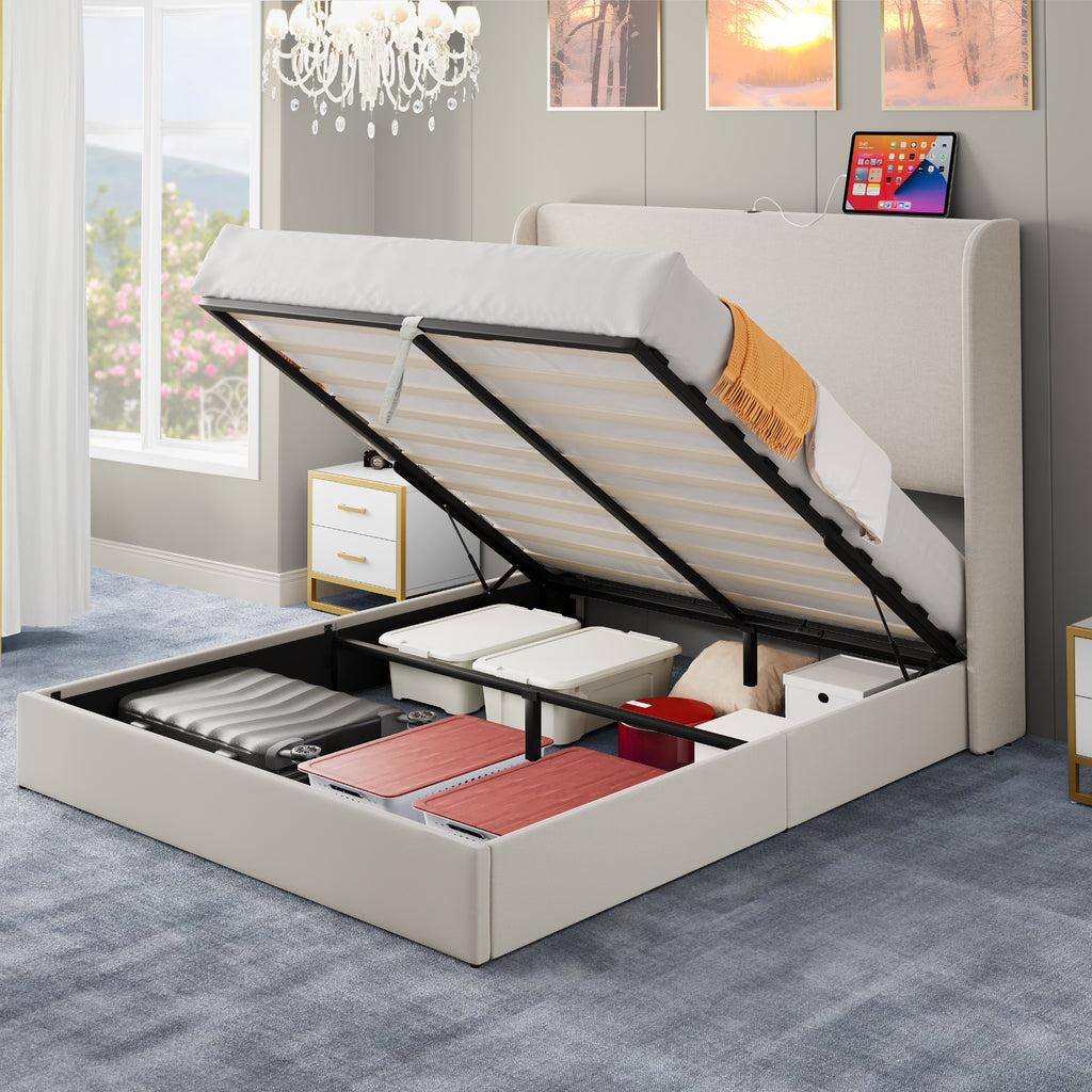 King Size Lift-Up Storage Bed with Charging Station and Wingback Headboard P30205