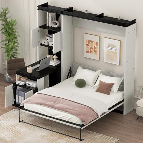 White Wood Full Murphy Bed with Desk and Storage Shelves K699845