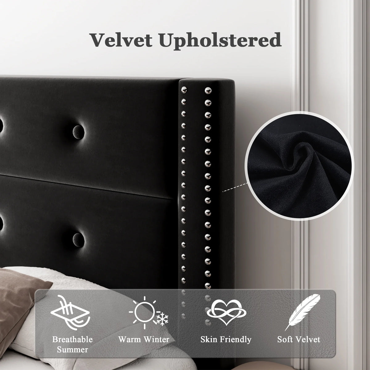 Queen Black Velvet Upholstered Platform Bed Frame with Tufting Headboard Q62681