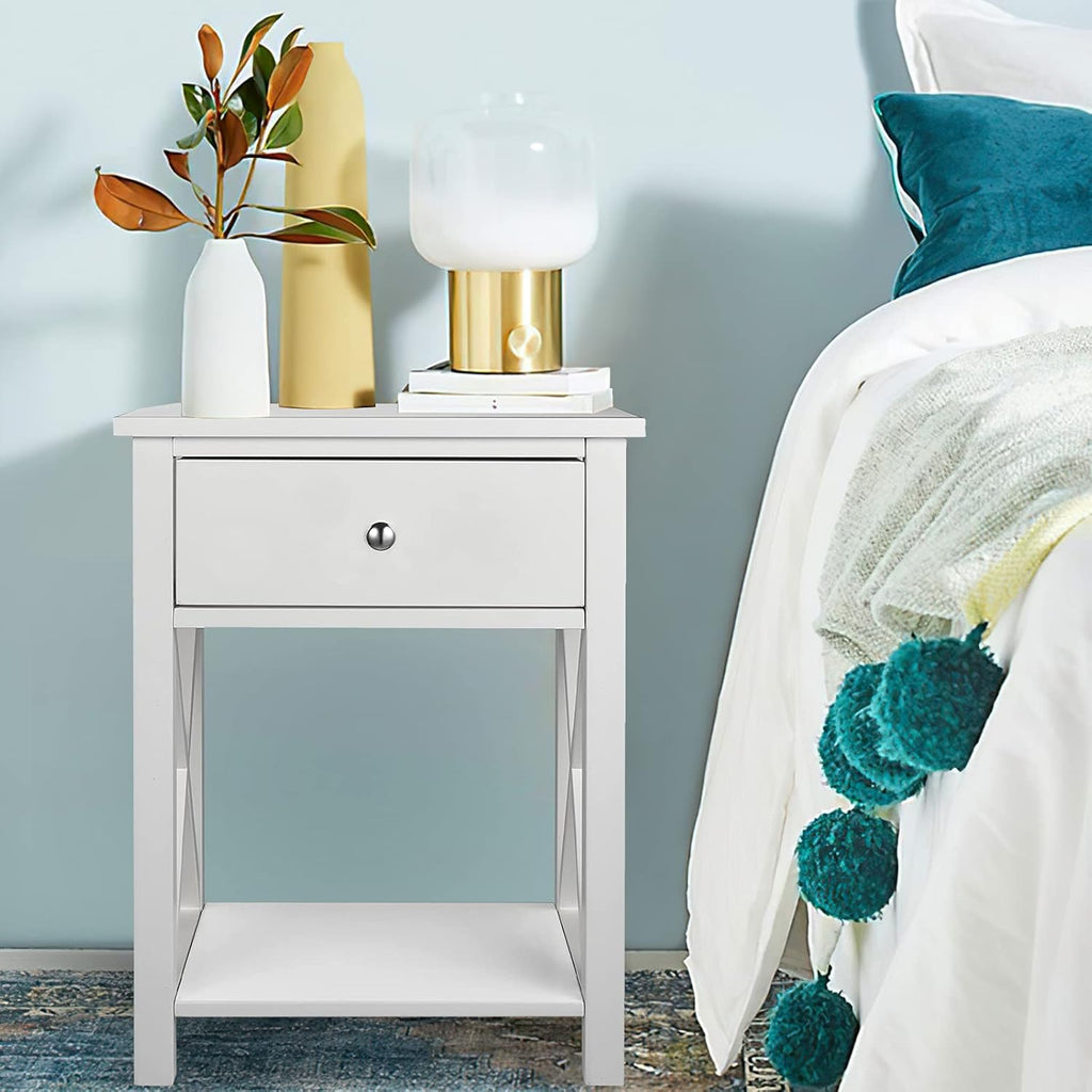 White Wooden Side End Table with Bin Drawer Set of 2 H421036