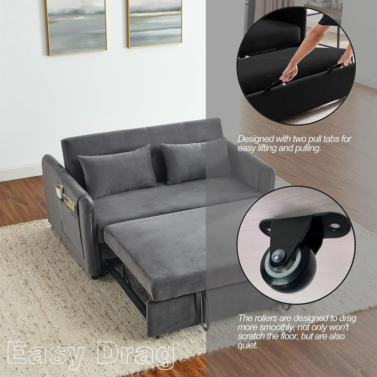 54" Velvet Convertible Sleeper Sofa Bed with Lumbar Pillows I285453