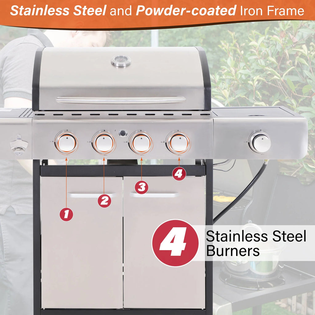 Stainless Steel Portable 4-Burner Propane Gas Grill with Side Burner R321322