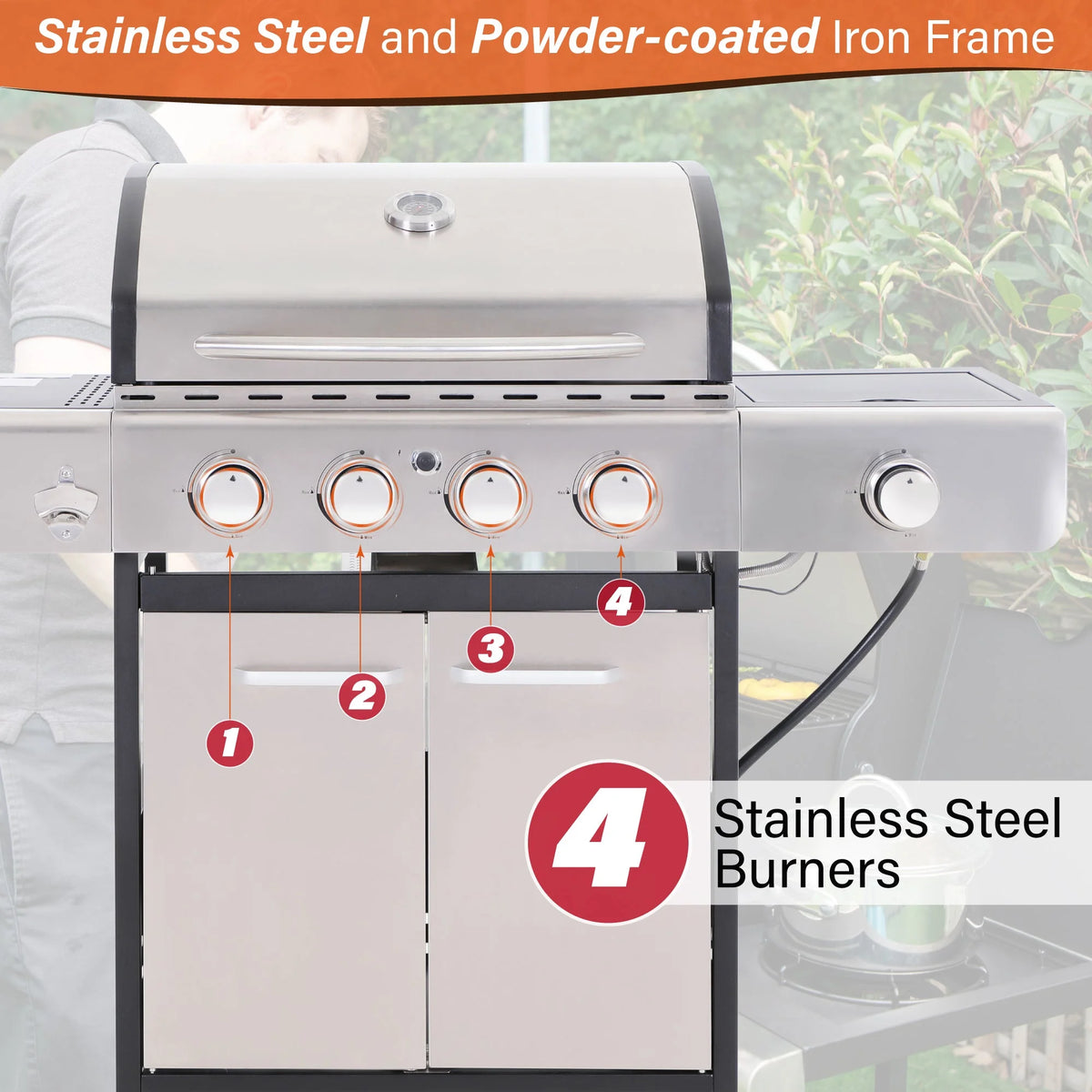 Stainless Steel Portable 4-Burner Propane Gas Grill with Side Burner R321322