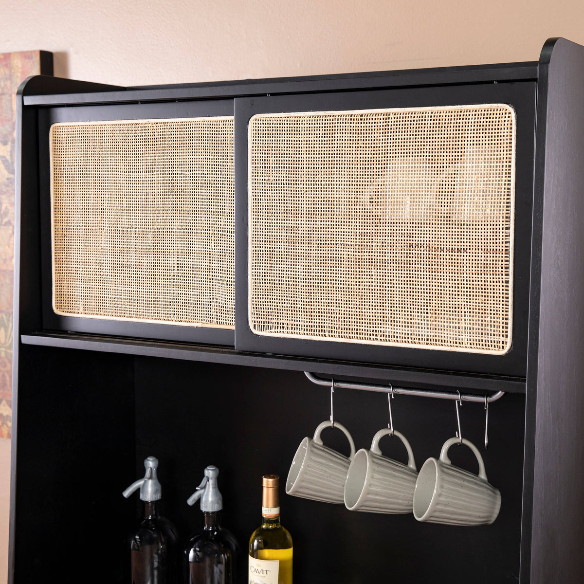 Black Wood Rattan Storage Buffet Cabinet T53771