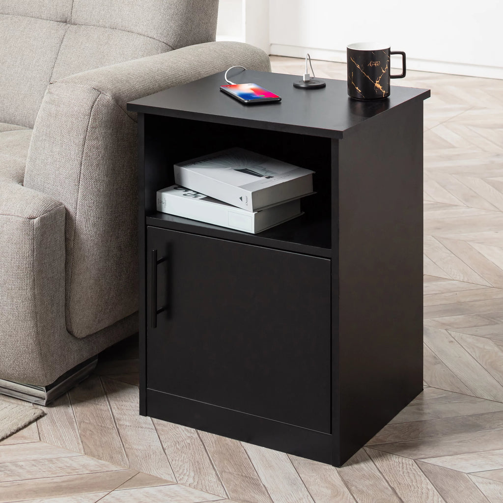 Black Nightstand with Storage and 3 USB Ports S3089