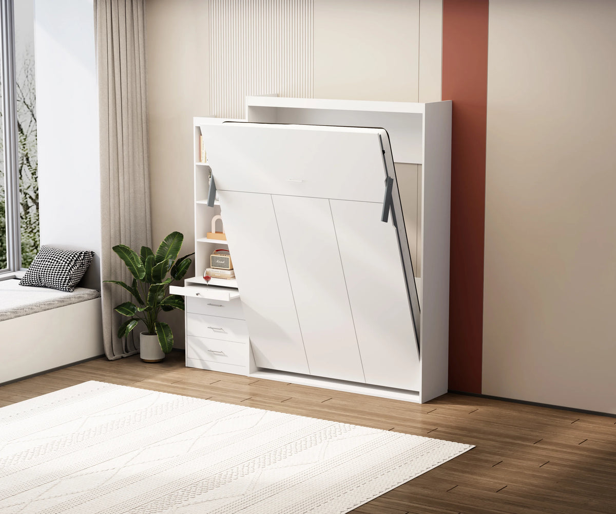 White Full Size Vertical Murphy Bed with Shelf and Drawers D11768