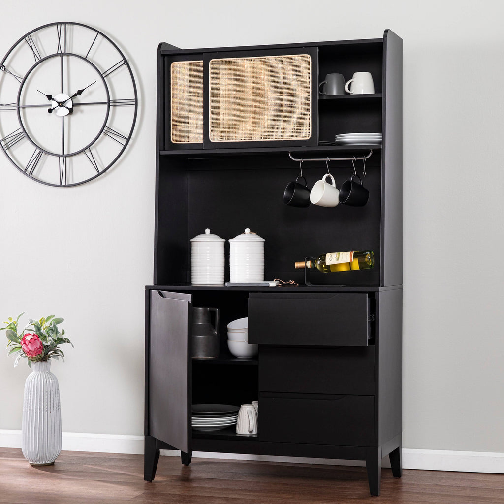 Black Wood Rattan Storage Buffet Cabinet T53771
