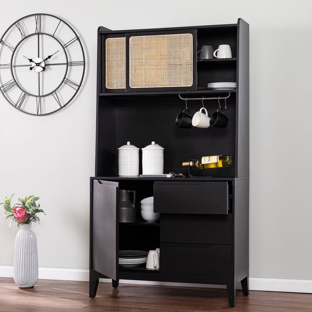 Black Wood Rattan Storage Buffet Cabinet T53771