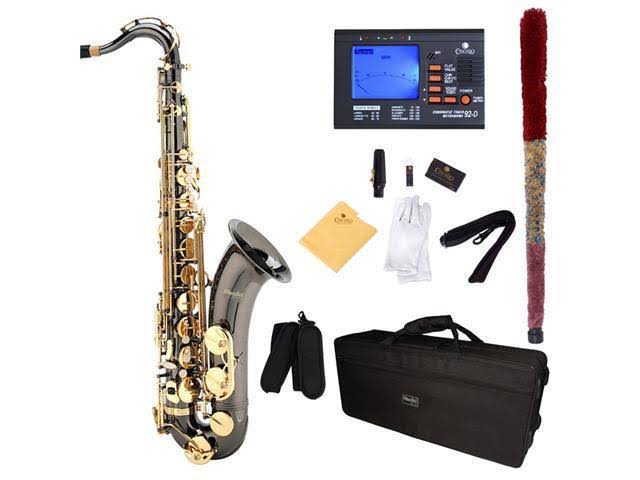 Black Nickel Plated and Gold Keys B Flat Tenor Saxophone with Case, Mouthpiece, 10 Reeds K32989