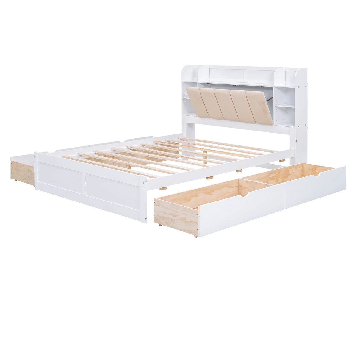 White Wood Queen Size Platform Bed with Storage Headboard and Four Drawers H902534