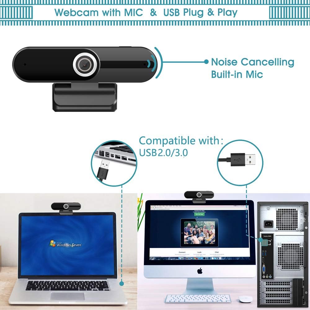 4K Webcam with Microphone 8MP USB 1080P Privacy Cover Mini Tripod Pack of 2 X182