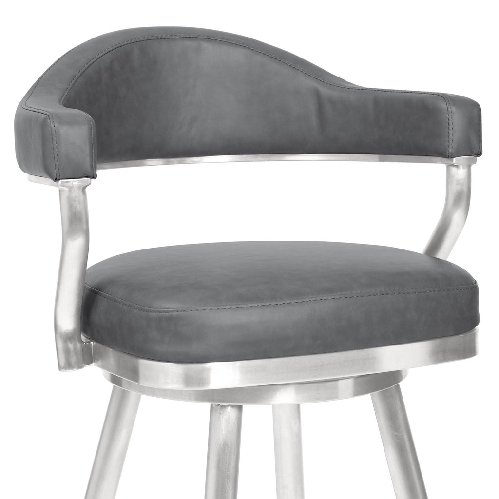 30 inch Bar Height Barstool in Brushed Stainless Steel and Vintage Grey Faux Leather F63228