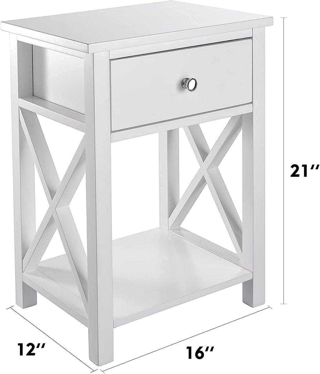 White Wooden Side End Table with Bin Drawer Set of 2 H421036