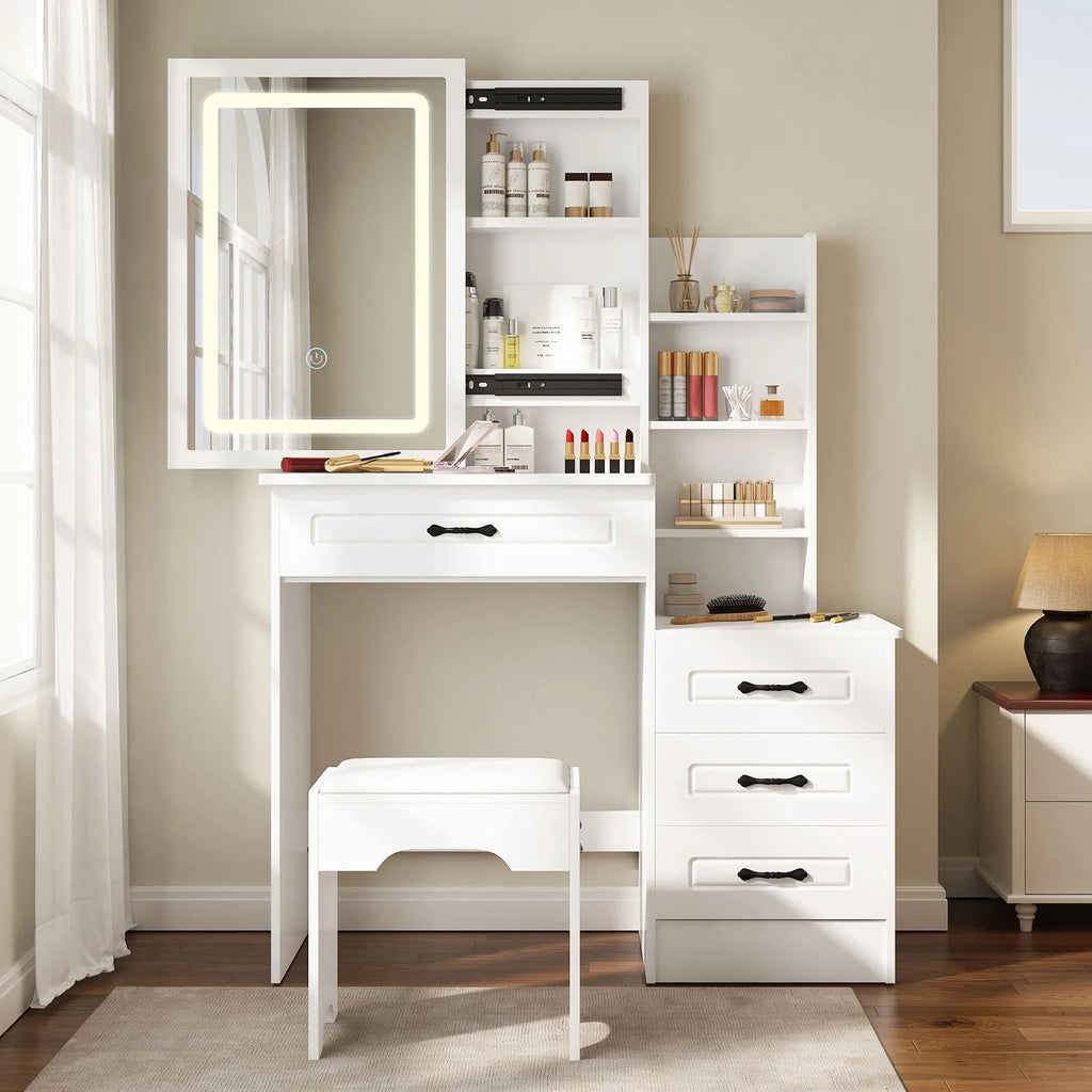 White Vanity Desk with Sliding Mirror and 4 Drawers Q318950