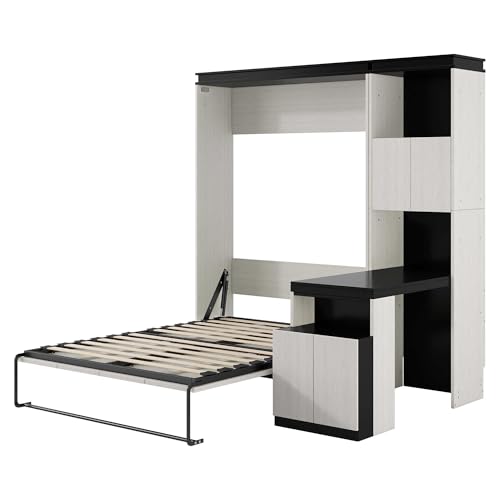 White Wood Full Murphy Bed with Desk and Storage Shelves K699845