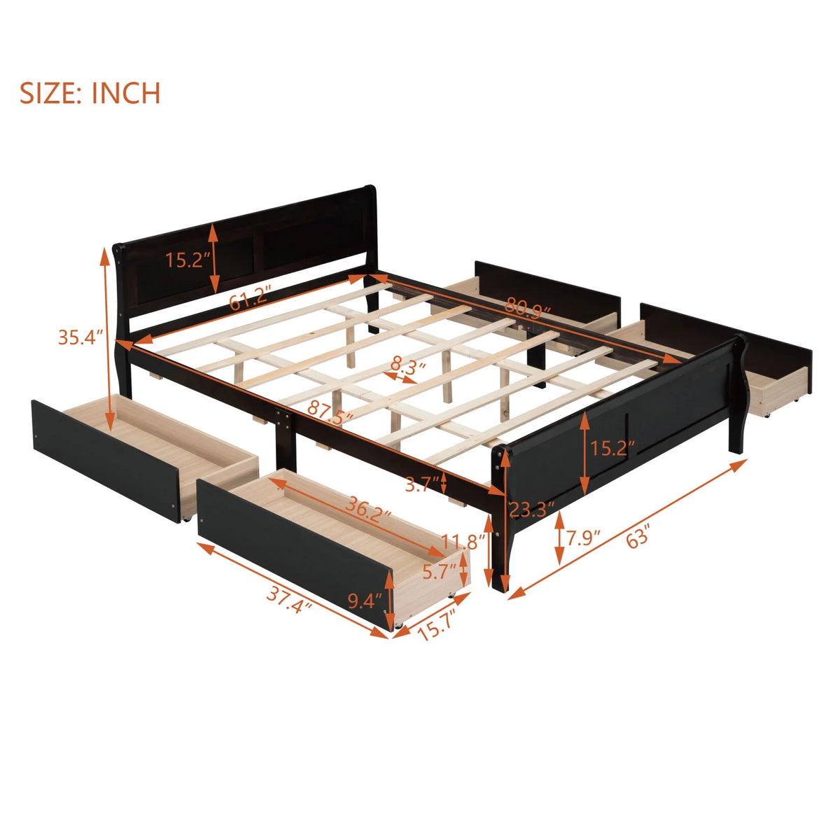 Queen Size Wood Platform Bed with 4 Drawers V9250