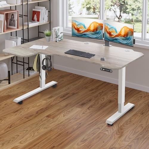 Rustic Brown 59 Inch L-Shaped Electric Sit-Stand Computer Desk with 3 Splice Boards A2601