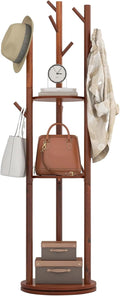 Walnut Wooden Freestanding Coat Rack with 3 Shelves and 9 Hooks J2486