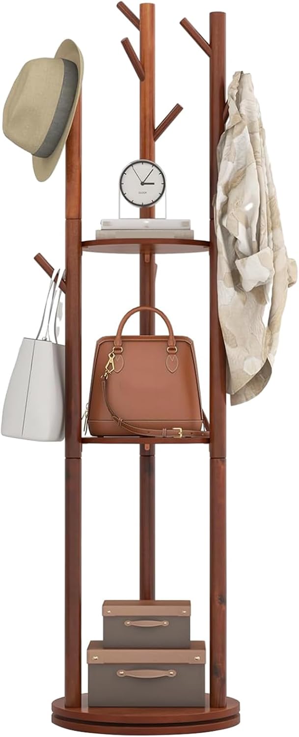 Walnut Wooden Freestanding Coat Rack with 3 Shelves and 9 Hooks J2486