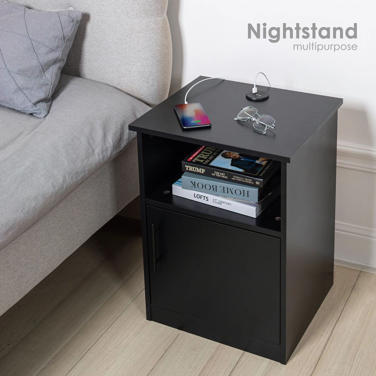Black Nightstand with Storage and 3 USB Ports S3089