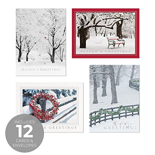 16 Boxed Snowy Cardinal Wreath Holiday Cards With Silver Foil Lined Envelopes T23801