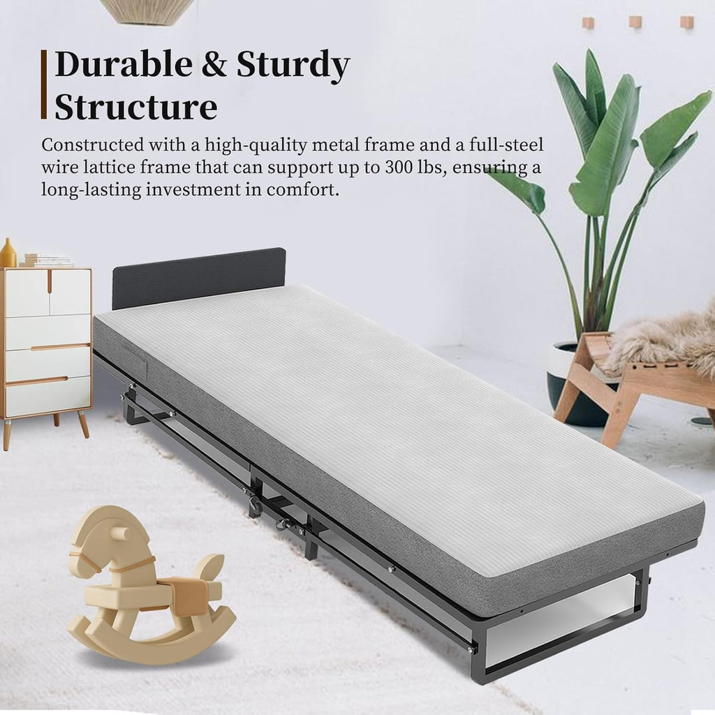 Folding Bed with 4-Inch Mattress, Metal Cot Size Rollaway Bed on Wheels O2252