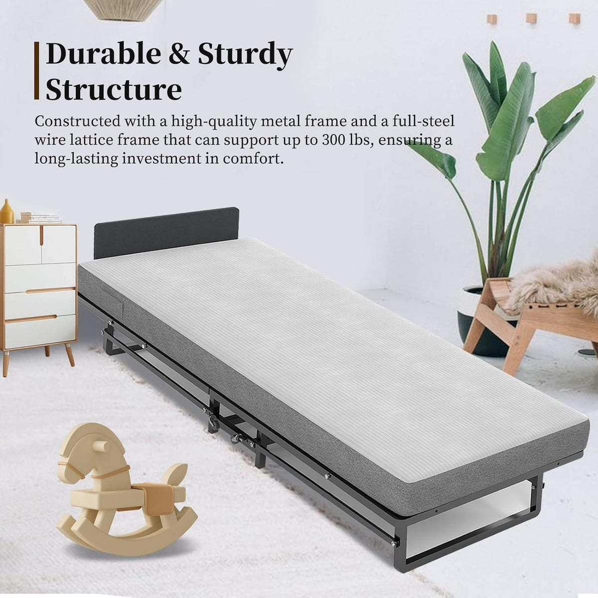 Folding Bed with 4-Inch Mattress, Metal Cot Size Rollaway Bed on Wheels O2252