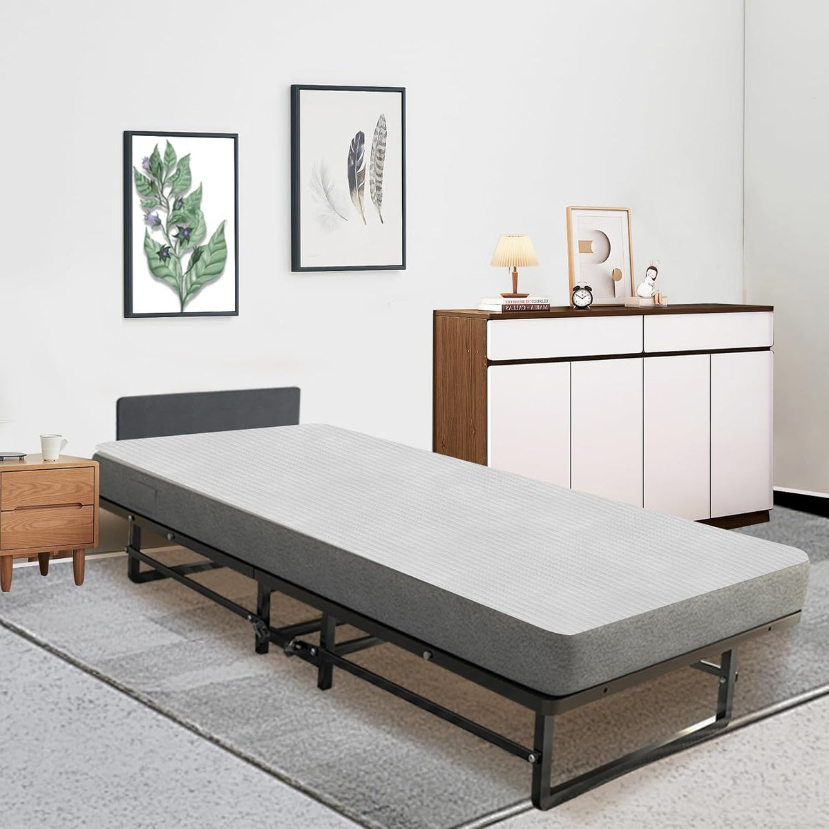 Folding Bed with 4-Inch Mattress, Metal Cot Size Rollaway Bed on Wheels O2252