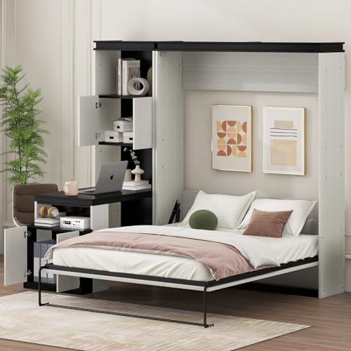 White Wood Full Murphy Bed with Desk and Storage Shelves K699845