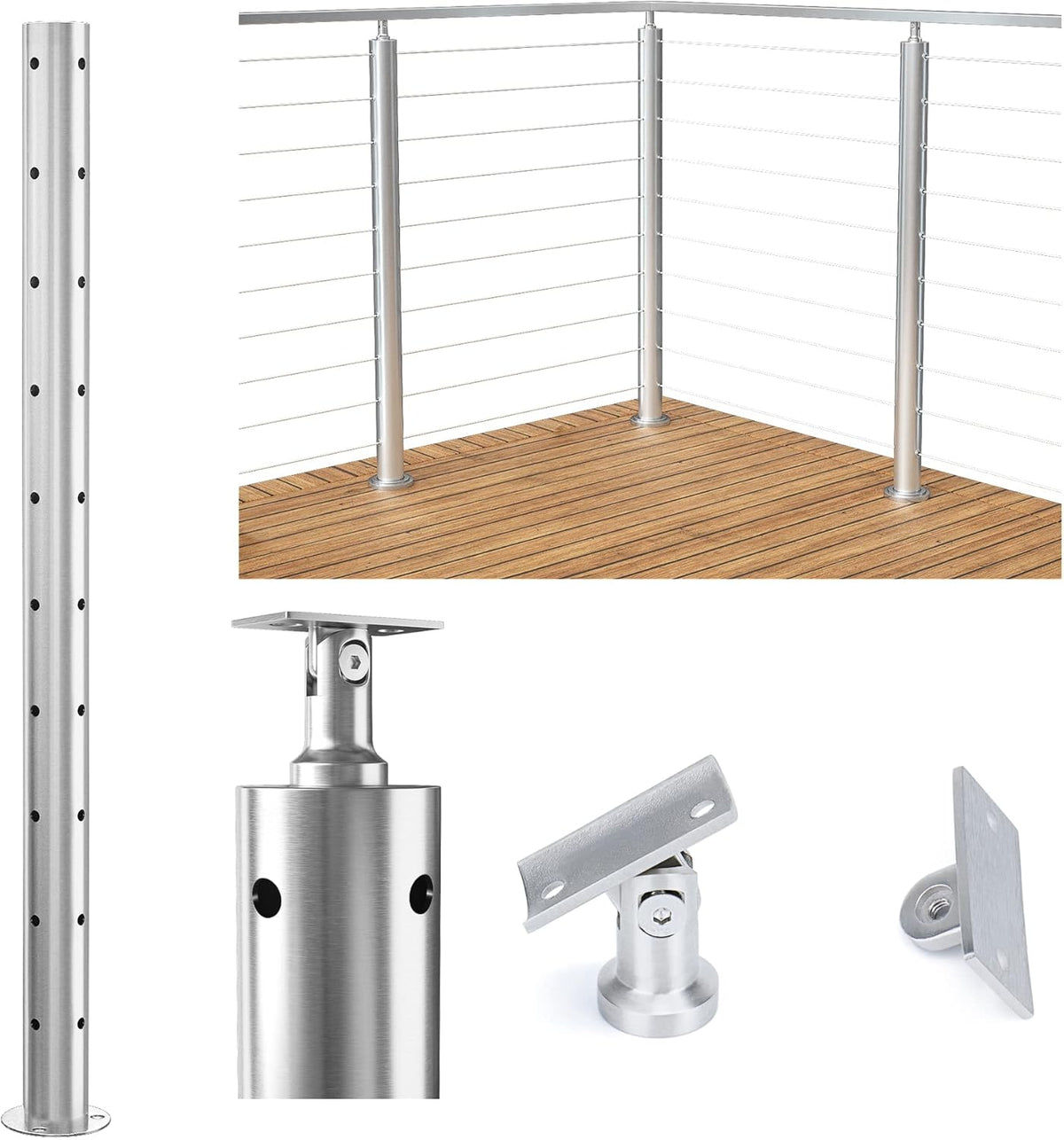 Round 36”x2.36” Stainless Steel Brushed Cable Railing Post Pack of 2 N834