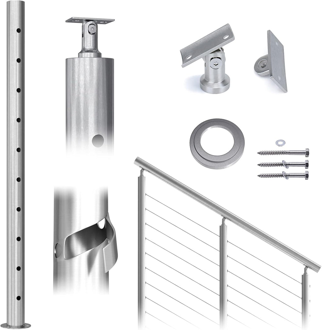 Round 36”x2.36” Stainless Steel Brushed Cable Railing Post Pack of 2 N834
