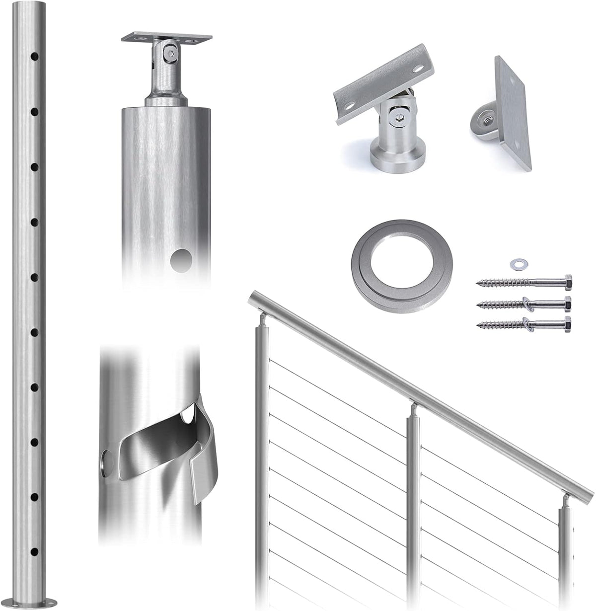 Round 36”x2.36” Stainless Steel Brushed Cable Railing Post Pack of 2 N834