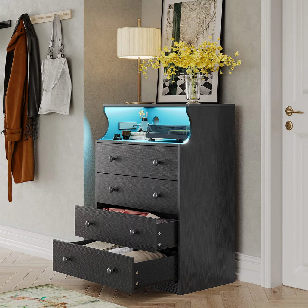 Black 4 Drawer Dresser with LED Lights and Charging Station A5438
