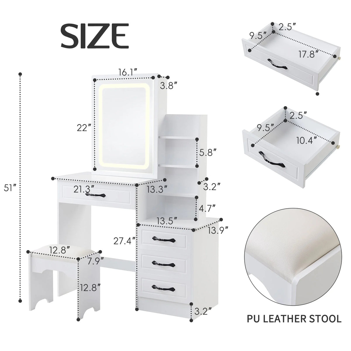 White Vanity Desk with Sliding Mirror and 4 Drawers Q318950