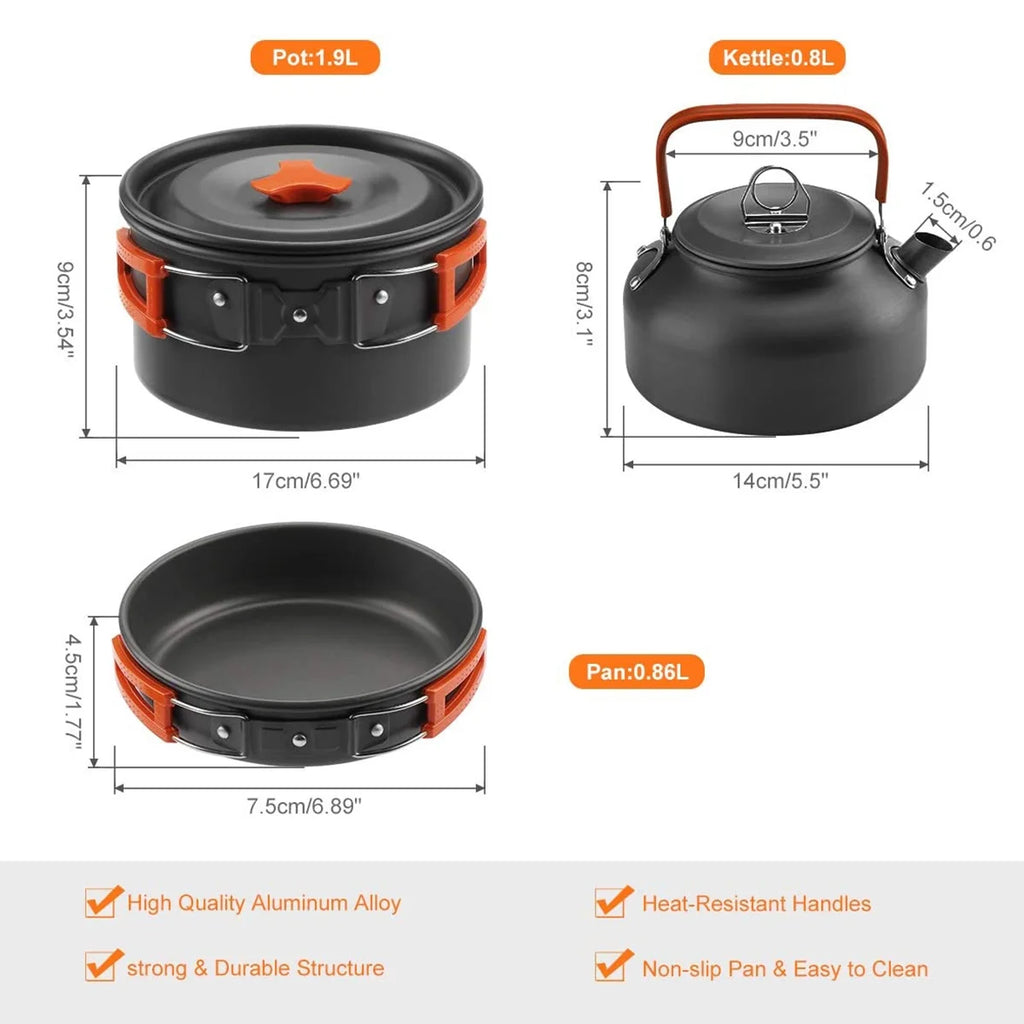 Camping Cookware Mess Kit Pot Pan Kettle Cooking Set Tableware with Spoon Fork Y588900