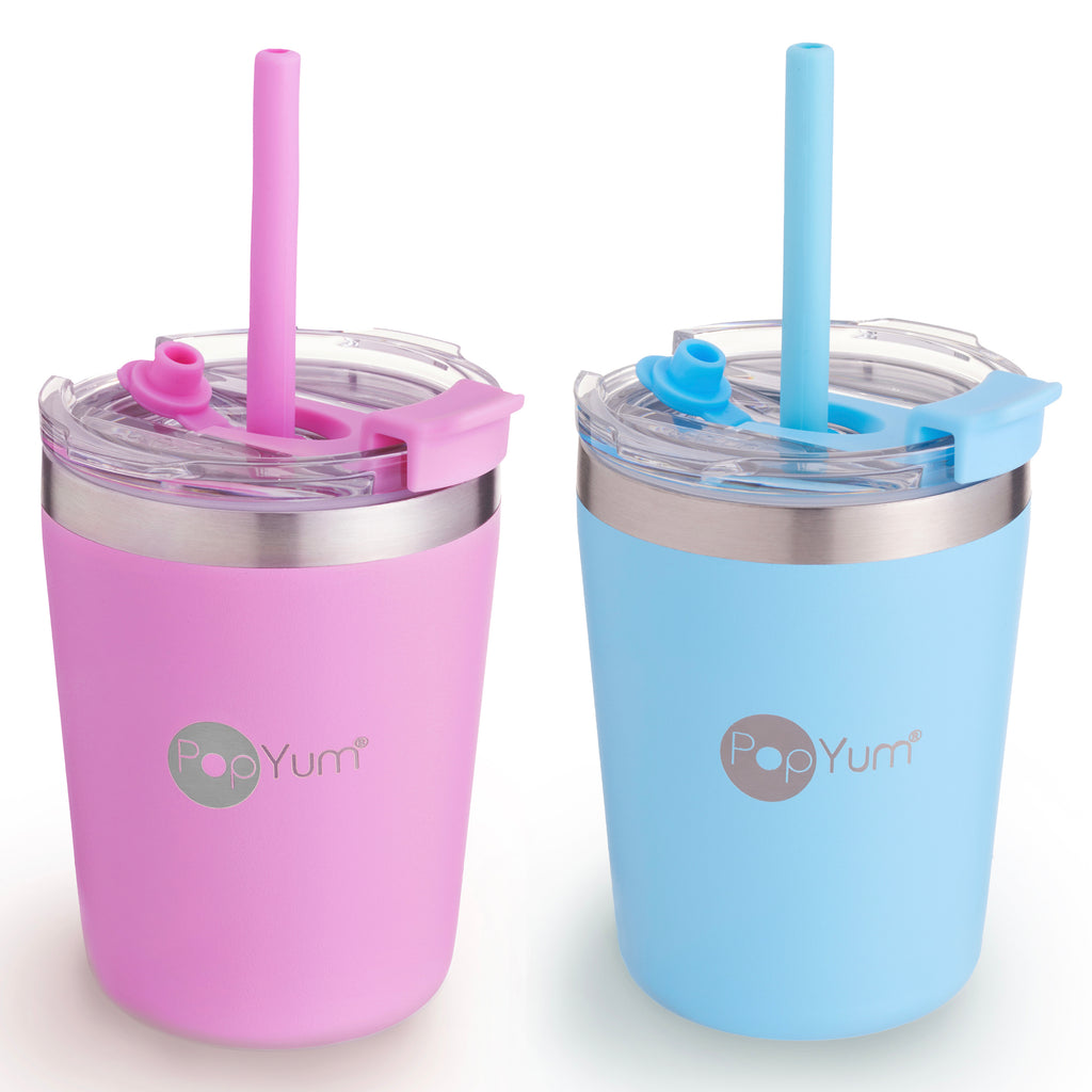 9oz Insulated Stainless Steel Kids’ Cups with Lid and Straw, 2-Pack, Blue, Pink, stackable, sippy, tumbler, double wall, vacuum, leak proof S767