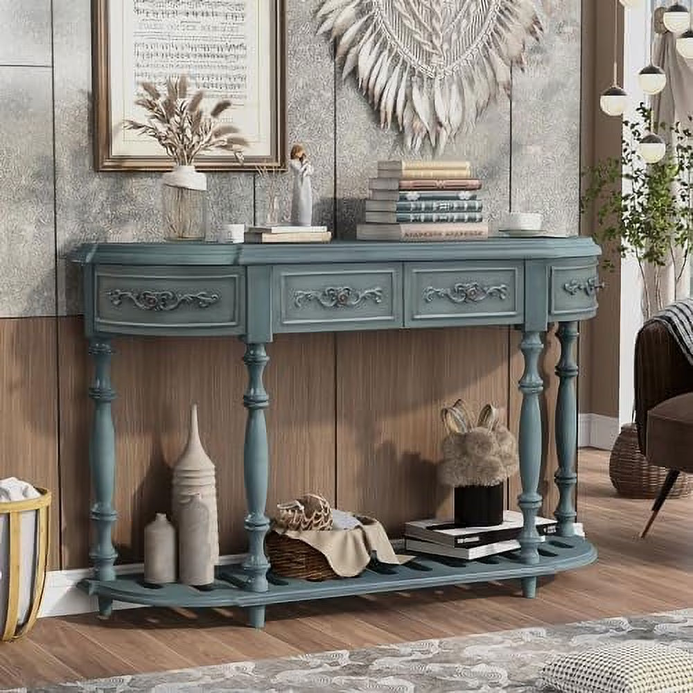 Retro Curved Console Table with 2 Top Drawers and Solid Wooden Frame U611176