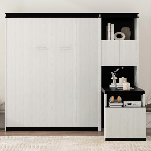 White Wood Full Murphy Bed with Desk and Storage Shelves K699845