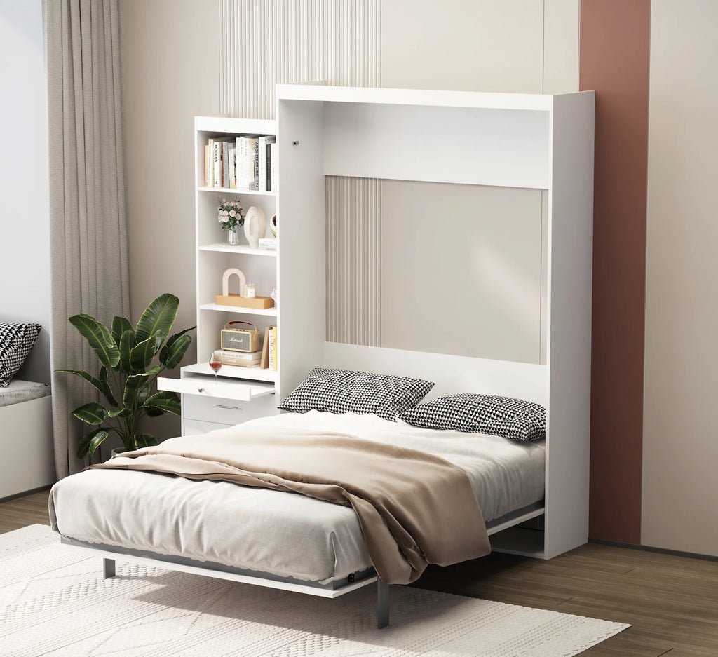 White Full Size Vertical Murphy Bed with Shelf and Drawers D11768