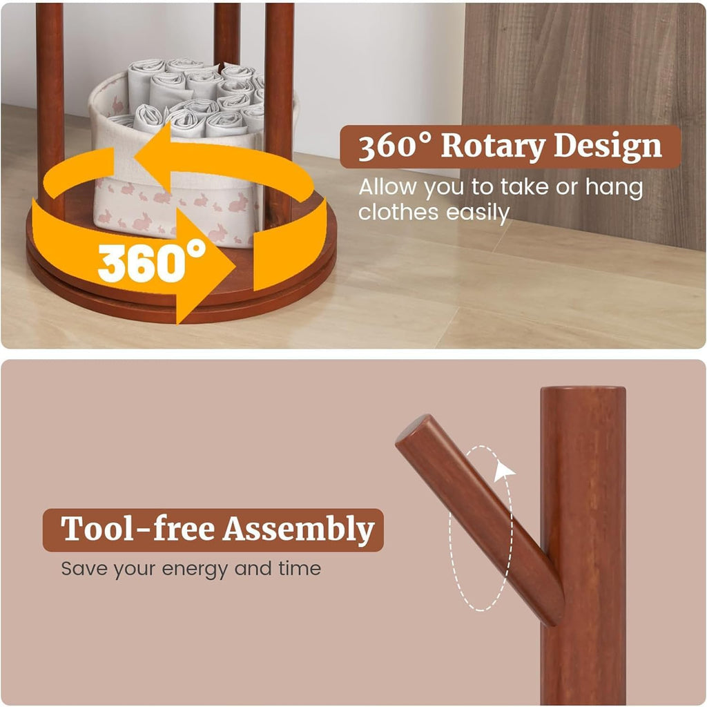 Walnut Wooden Freestanding Coat Rack with 3 Shelves and 9 Hooks J2486