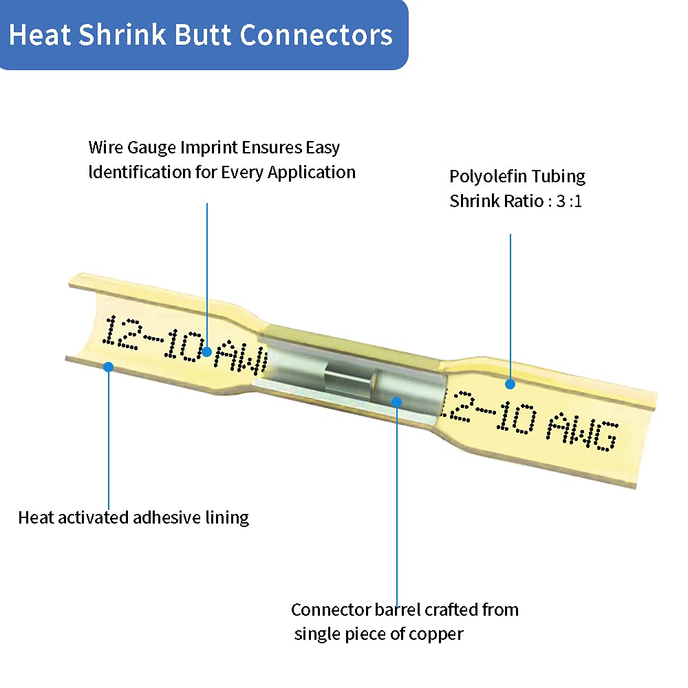500 Pcs Yellow Heat Shrink Butt Connectors 12-10 AWG J600859