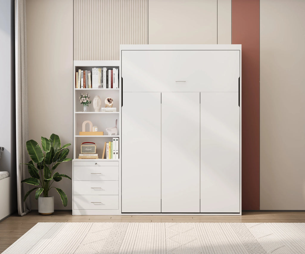 White Full Size Vertical Murphy Bed with Shelf and Drawers D11768