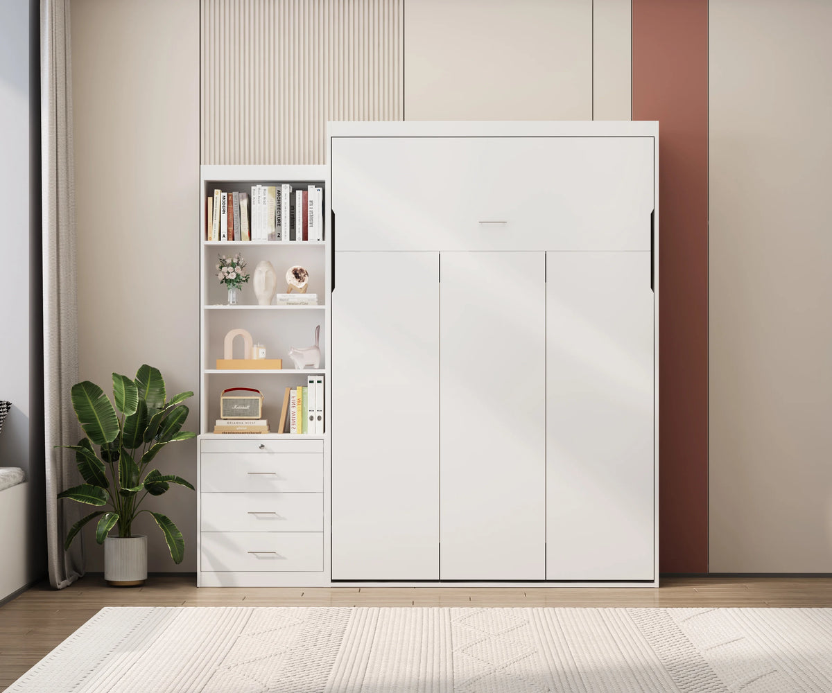 White Full Size Vertical Murphy Bed with Shelf and Drawers D11768
