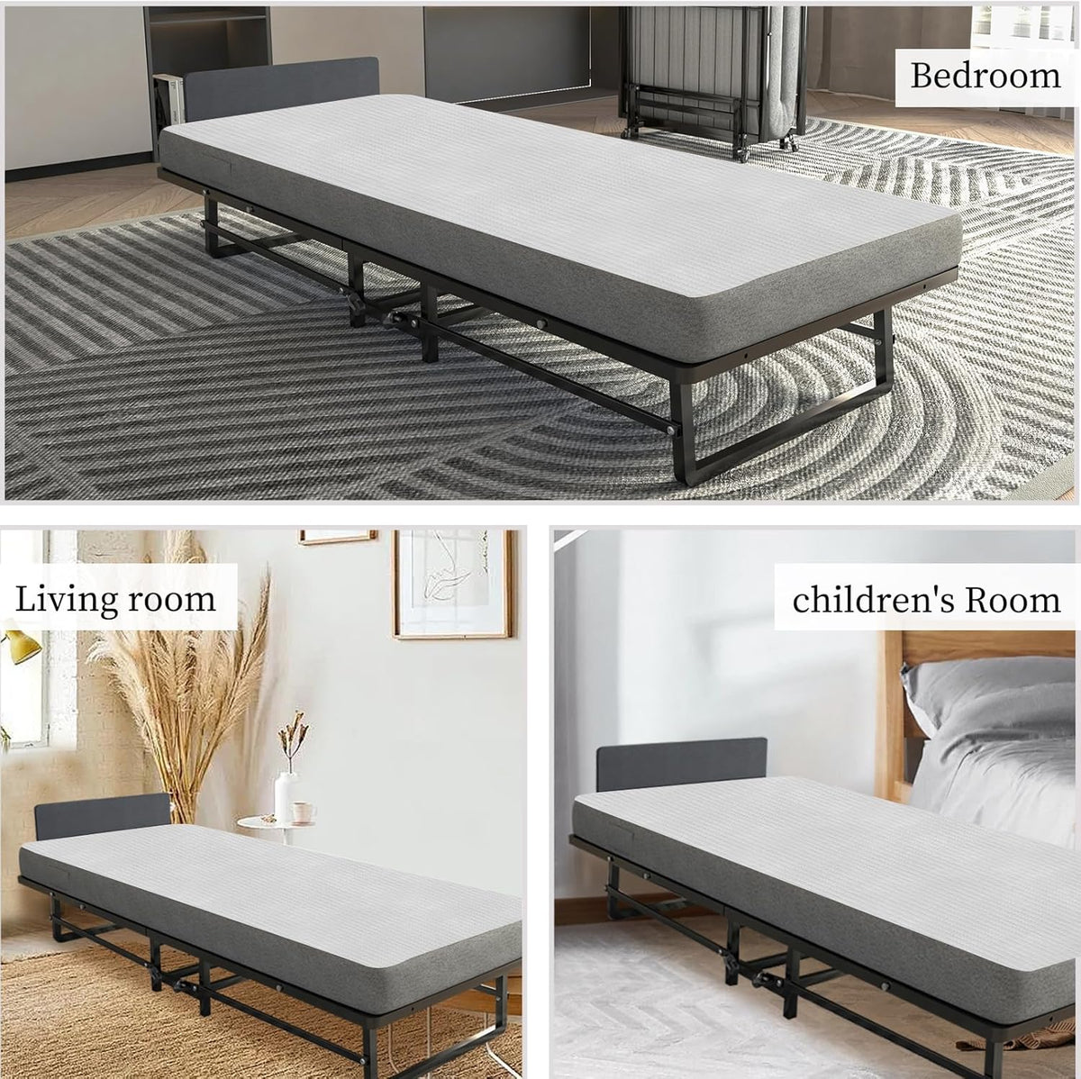 Folding Bed with 4-Inch Mattress, Metal Cot Size Rollaway Bed on Wheels O2252