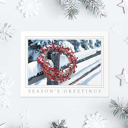 16 Boxed Snowy Cardinal Wreath Holiday Cards With Silver Foil Lined Envelopes T23801