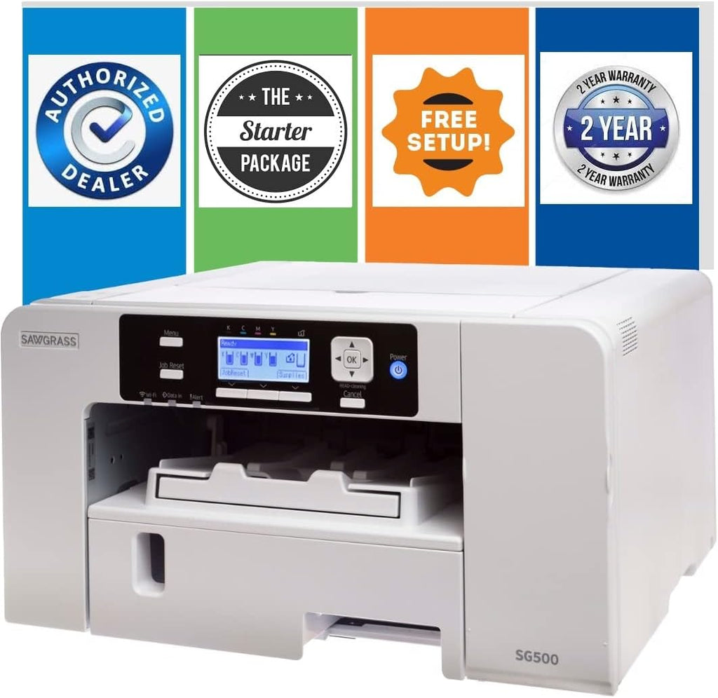 White Sublimation Printer Starter Bundle with Inks, Paper, Tapes, Blanks Pack & Dust Cover D909