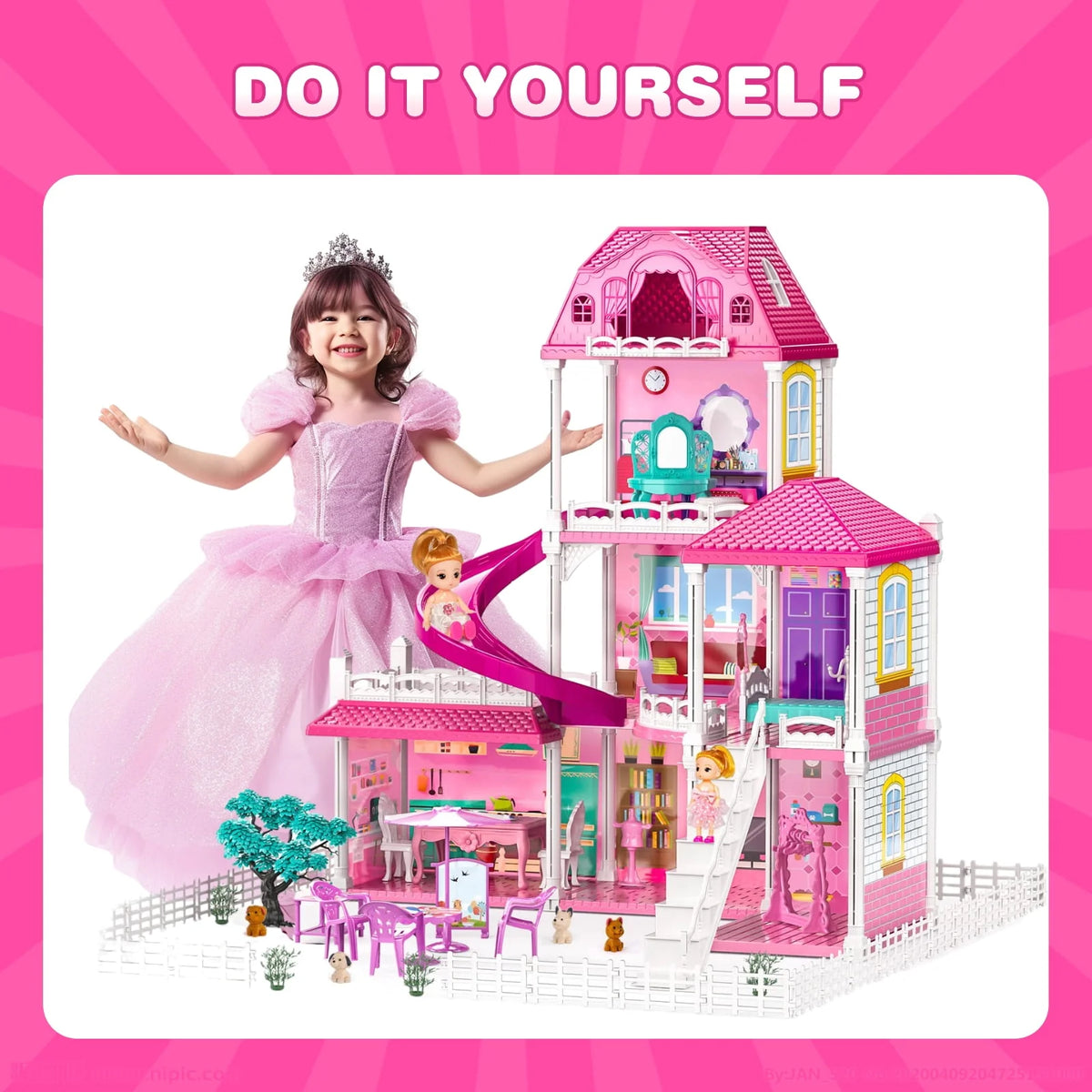 4-Story 12 Rooms Dollhouse with 2 Dolls F4197