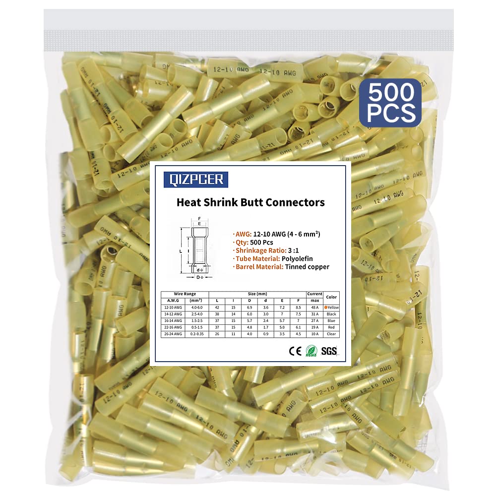 500 Pcs Yellow Heat Shrink Butt Connectors 12-10 AWG J600859