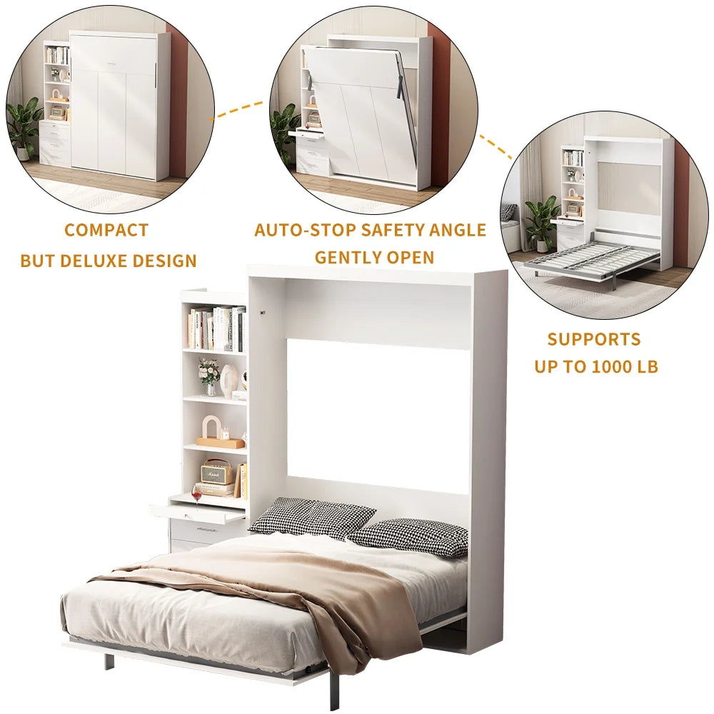 White Full Size Vertical Murphy Bed with Shelf and Drawers D11768