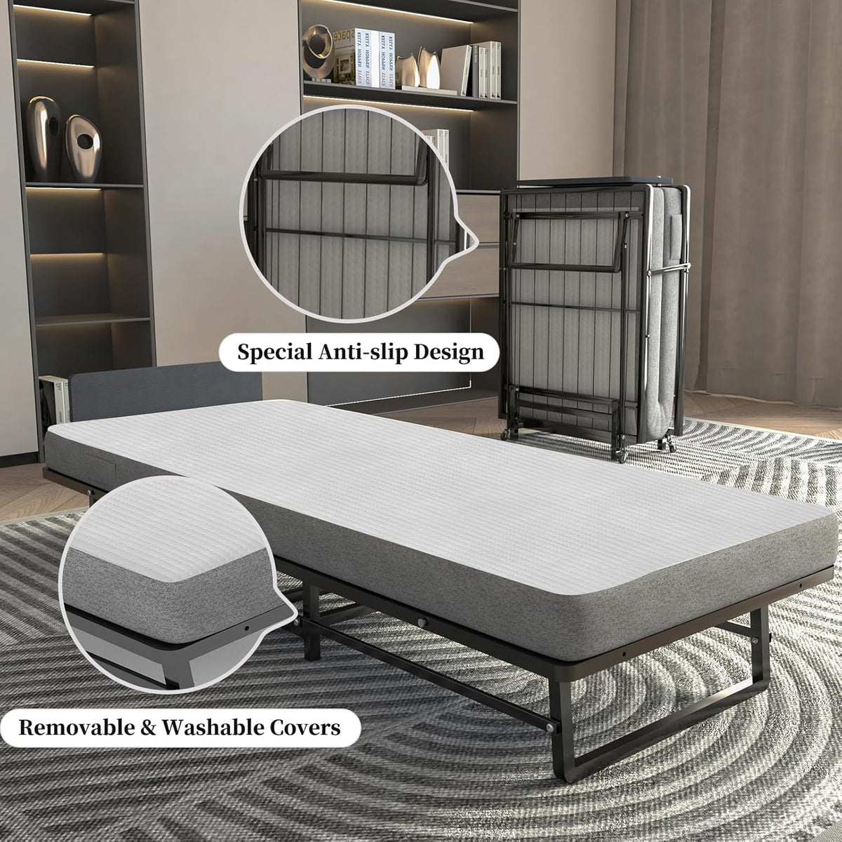 Folding Bed with 4-Inch Mattress, Metal Cot Size Rollaway Bed on Wheels O2252